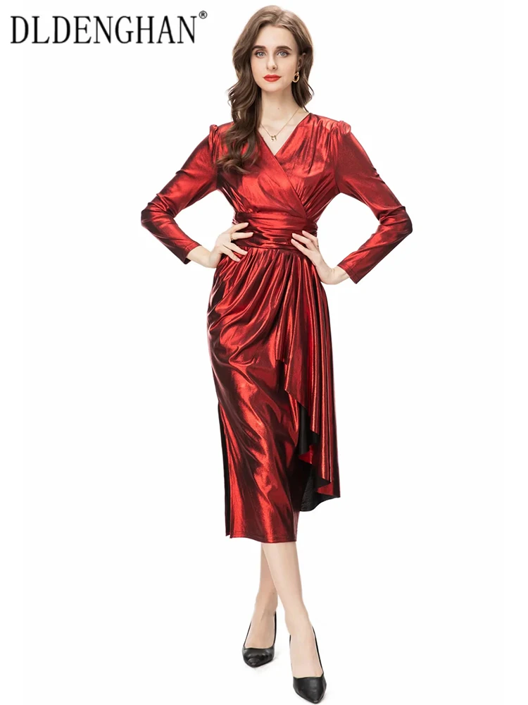 

DLDENGHAN Autumn Asymmetrical Dress Women V-Neck Long Sleeve Ruffle Solid Color Office Lady Dresses Fashion Designer New