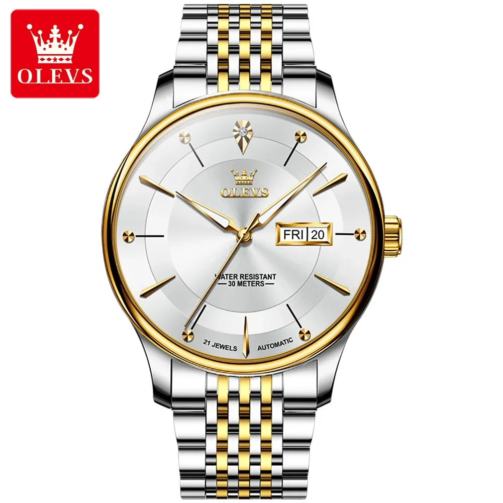 OLEVS 9927 Waterproof Men Wristwatches, Stainless Steel Strap Fashion Automatic Mechanical Watch For Men Calendar Week Display