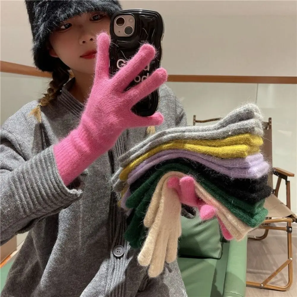 Striped Thermal Knitted Gloves Rabbit Fur Cold Resistant Knitted Gloves Windproof Thickened Split Finger Long Gloves