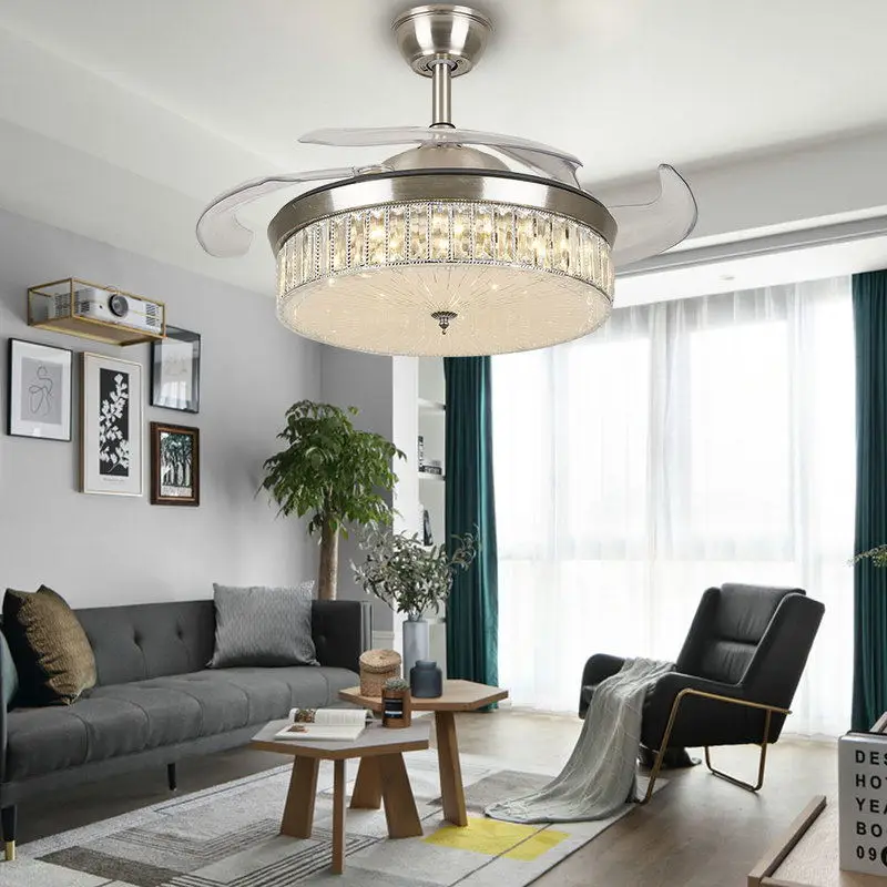 

42" Dimmable Crystal LED Chandelier 4 Retractable Blades Ceiling Fan Light W/ Remote For Dining Living Bedroom
