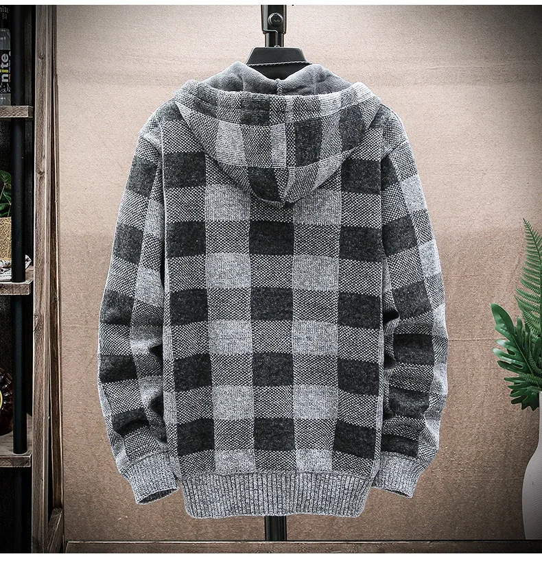 Description Picture 6 of itemMen's New Autumn Winter Plaid Sweater Hooded Cardigan Coat Wool Zipper Jacket Fleece Warm Windbreaker Pullovers Knit Jumper