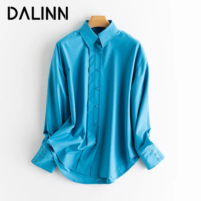 Woman Solid Loose Shirts, Long Sleeved, Turn Down Collar Blouses 2023 Fall Winter New Top, Blue, Black, DALINN