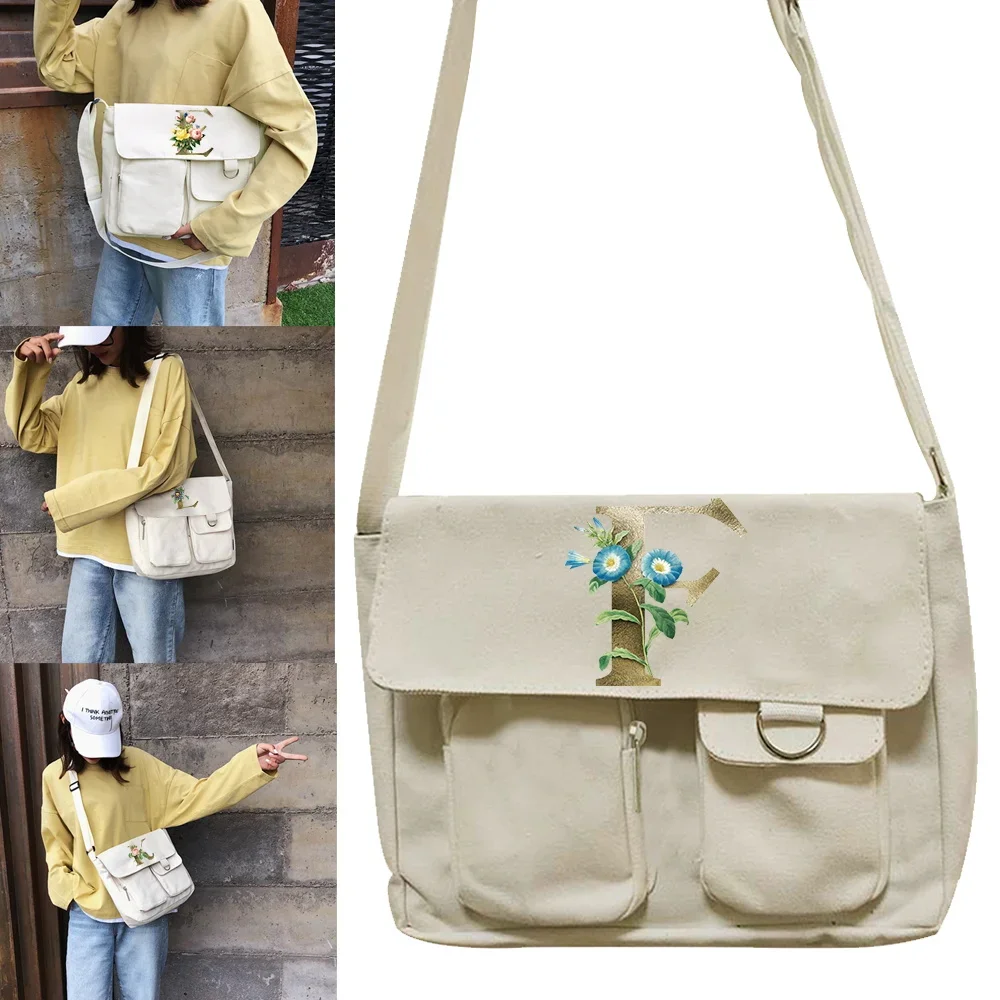 

2023 New Korean Version Crossbody Bag Simple Wild Postman Case Golden Flower Print Satchels Women's Casual Canvas Shoulder Bags