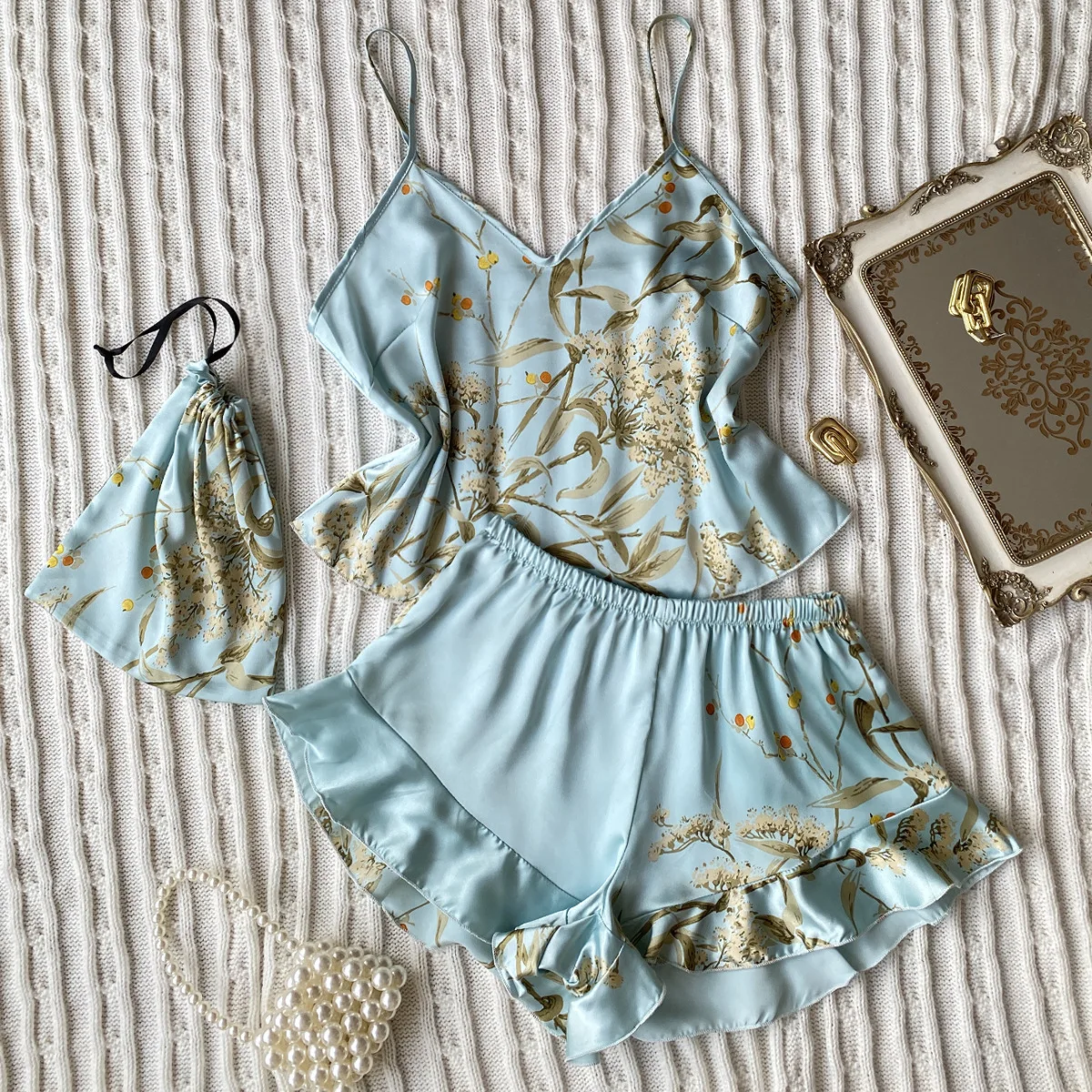 Sexy Silk V-neck Halter Pajamas+Stylish Printed Shorts Two-piece Simple Casual Suit Comfortable Home Wear Ladies Elegant Pajamas