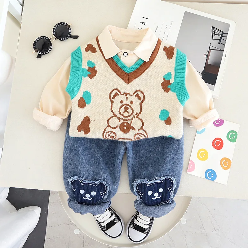 

Autumn Children Boy 3PCS Clothes Set Turn Down Collar Shirt Bear Knitted Vest Patched Jeans Pant Kids Boy Outfits Baby Boy Suits
