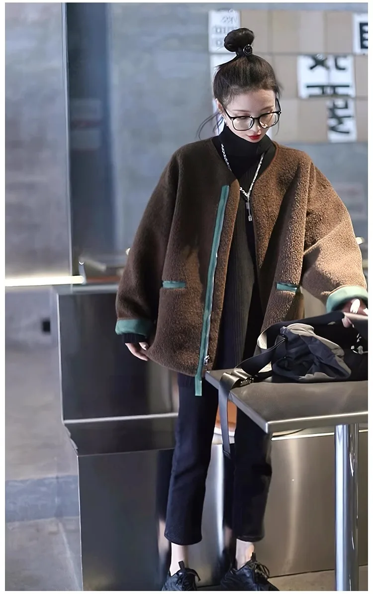 Simple Winter New Loose Synthetic Fur One Piece Lamb Plush Coat Thickened Zipper Mid length Contrast Motorcycle Coat