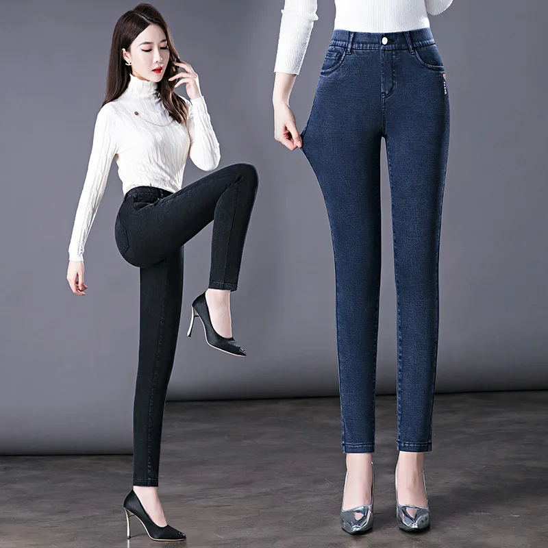 여성용 대형 레깅스, 눈송이 모조 청바지, 작은 발 펜슬 바지, 하이 웨이스트 슬림 탄성 바지, 가을