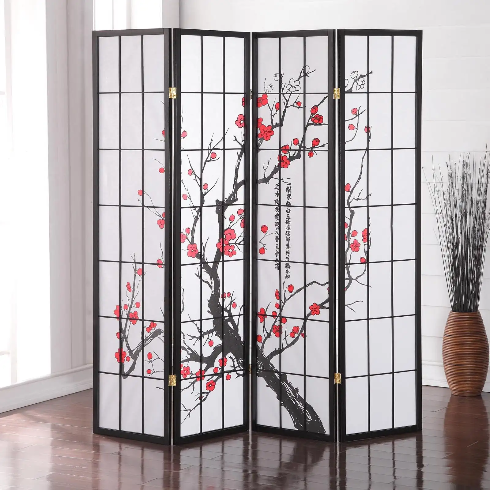 

Japanese Plum Blossom 4 Panel Room Divider, 71" Tall, Black