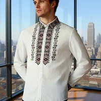 Chemise Homme Vintage à Broderie Florale Géométrique Blanche à Manches Longues Boutonnée Style Business Décontracté 1