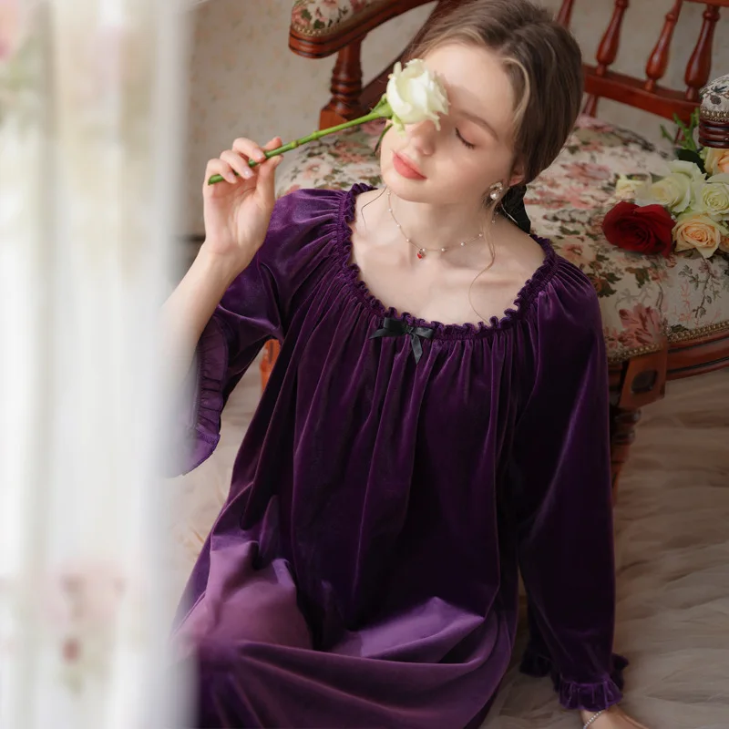 

Autumn Winter Elegant French Velour Flounce Long Sleeve Nightdress Sleepwear Nightgown Women Gold Velvet Homewear Nightwear
