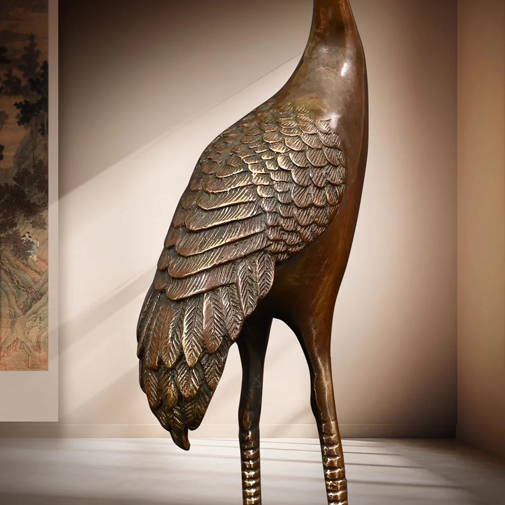 Chinese Solid Brass Feng Shui Statue - Crane on Turtle Figurine for Longevity & Good Luck, Antique Home Office Desk Decor Gift