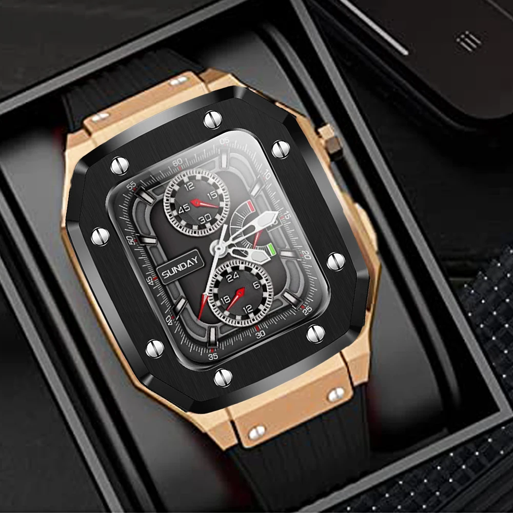 

Sports Case+Silicone Strap for Apple Watch 9 45mm Luxury Modification Kit Cover Rubber Band for iWatch Series 9 8 7 6 5 se 44mm