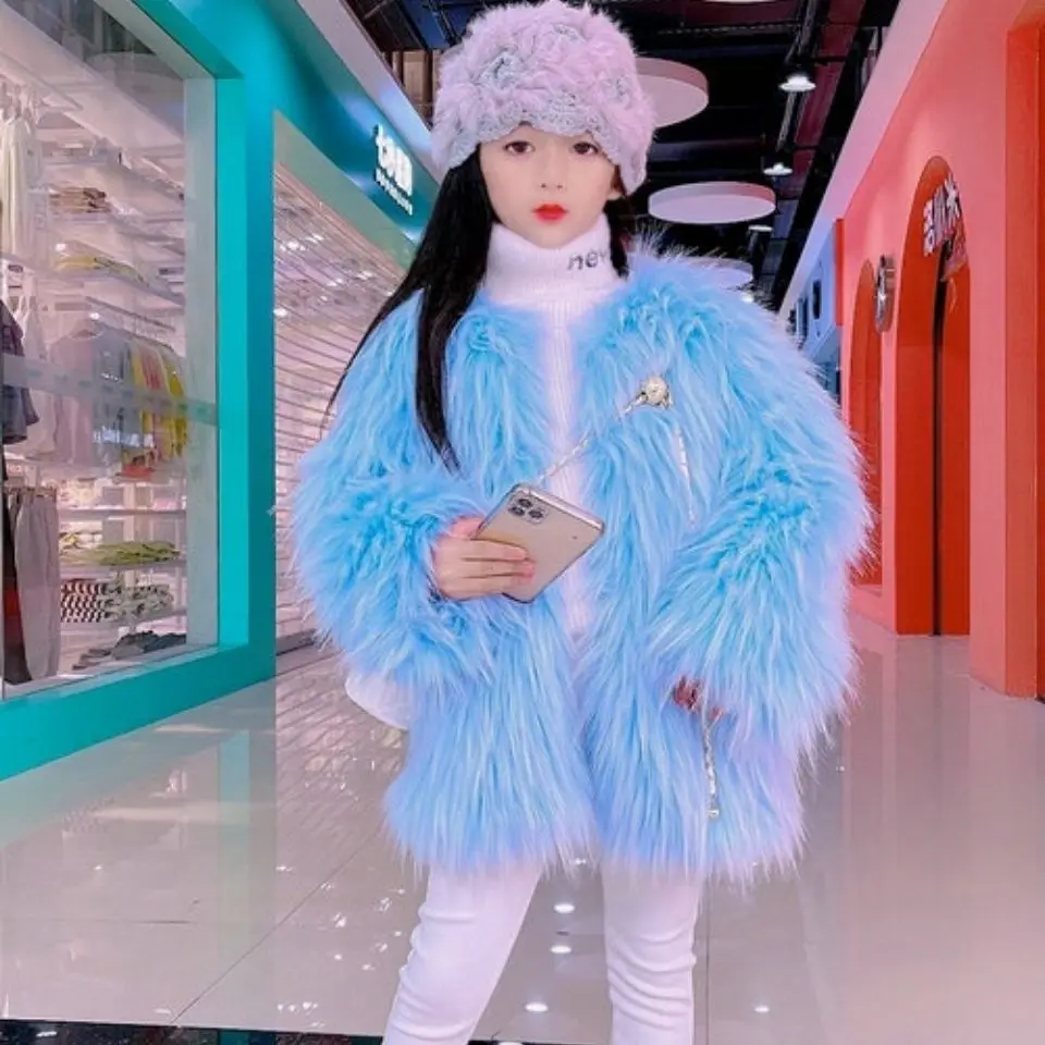 

Winter Autumn Woolen Jackets for Girls Long Style 2023 Korean Kids Faux Fur Fox Coats Children Wool Tops Faux Fur Clothes T81