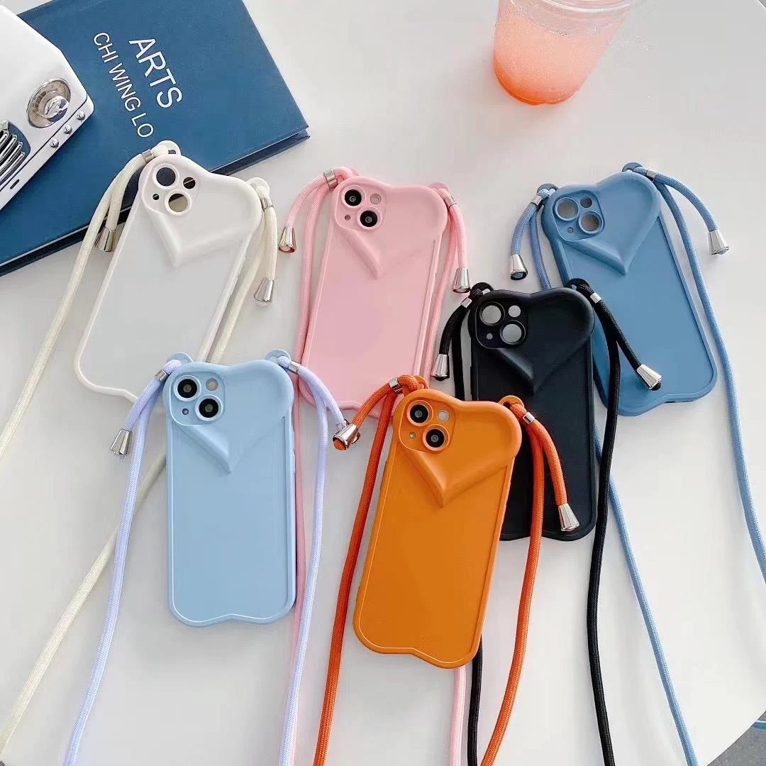 

3D Love Heart Crossbody Lanyard Shockproof Silicone Cover Strap Cord Soft Case For iPhone 14 13 12 11 Pro Max XS XR X 7 8 Plus