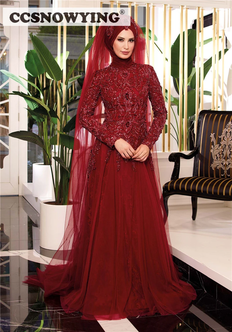 Vestidos de Noche musulmanes de manga larga con cuentas para mujer, vestido de fiesta Formal islámico, Hijab de cuello alto, caftán de Arabia | - AliExpress