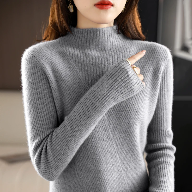 Cashmere Sweater Women Pure Color Half high collar Casual Long-sleeved Loose Pullover Cashmere Sweater Women\'s