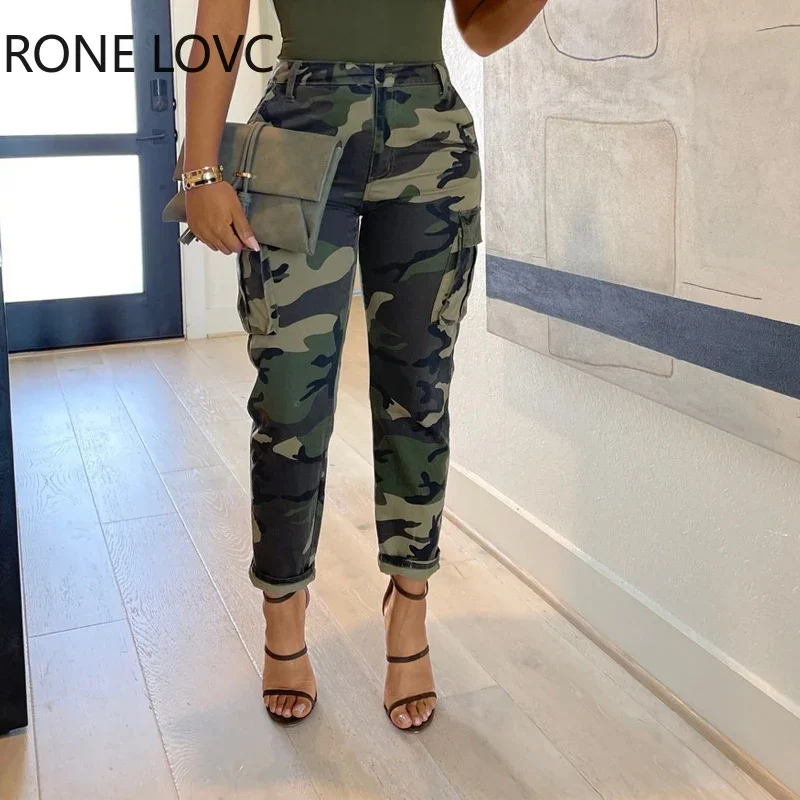 

Women Casual Camouflage Pattern High Waist Zipper Spring Green Ankle Length Pants