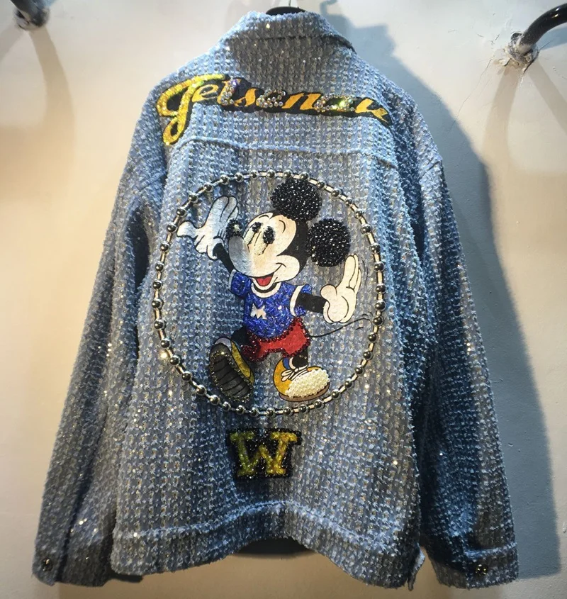 

Disney New Arrival Top Fashion Autumn Cotton Loose Casual Cartoon Mickey Mouse Print Beaded Embroidery Destroy Wash Denim Jacket