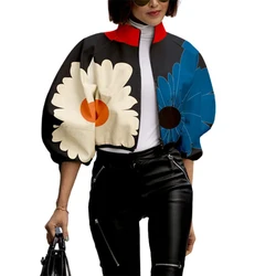 Lemongor Female Stylish Contrast Color Floral Printed Stand Collar Zipper Jackets Spring Summer Casual Outerwear For Women 2023