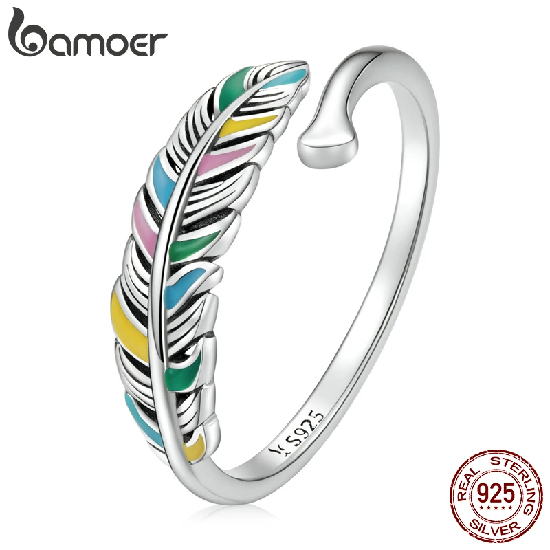 stud earrings BAMOER 925 Sterling Silver Vintage Colored Feather Adjustable Ring for Women Original New Model Girl Ring  Fine Jewelry Gift gold ring for men