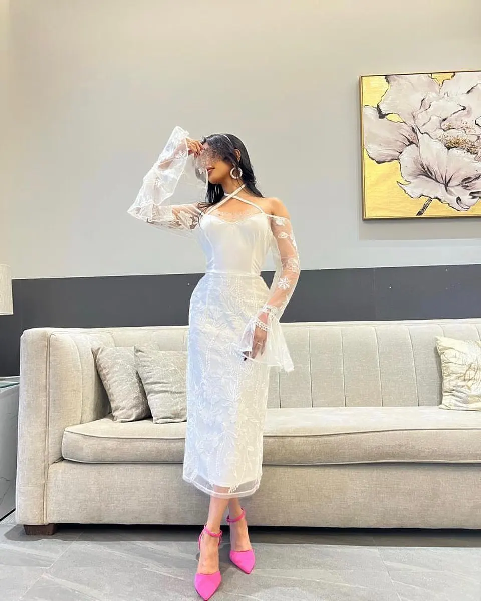

Halter Applique Prom Dresses Long Flare Sleeves Mermaid Tea-Length Elegant Party Gown Vestidos De Formal Occasion Dresses