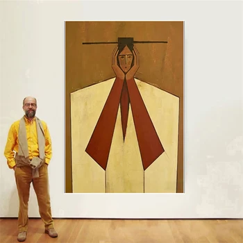 Dipinto a Mano su Tela in Stile Mid-Century Modern con Figure Geometriche, Arte Astratta Figurativa per Soggiorno e Arredamento Casa