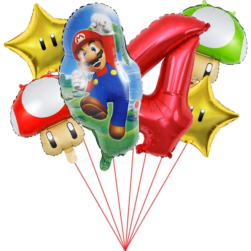 7pcs Super Mario Bros Number Balloons Set Birthday Balloon Suit Party Decoration Game Stars Mushroom Ballon Ornament Accessories