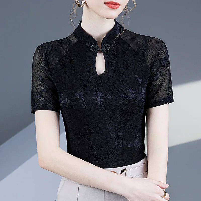 New Chinese Semi-high-necked Short-sleeve Top Female Summer New Cheongsam Collar Mesh Jacquard T-shirt