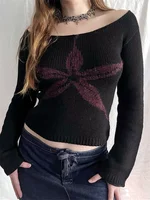 Women's Knit Tops Off Shoulder Slim Sweater Graphic Print Long Sleeve Knitwear Spring Fall Y2K Aesthetic Streetwear
