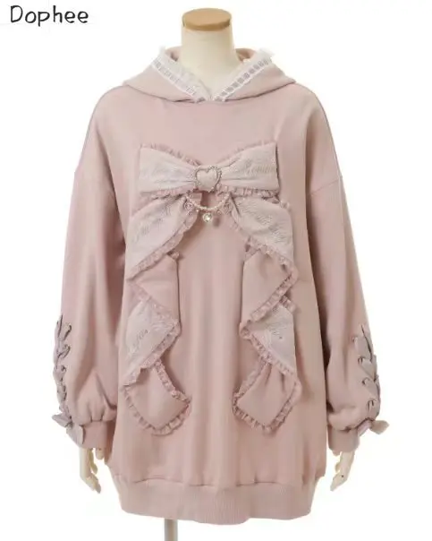 

Dophee Janpan Styles Sweater Dress Landmine Series Letters Bow Mid-long Hooded Pullover Top Loose Long Sleeve Sweatshirt Pink