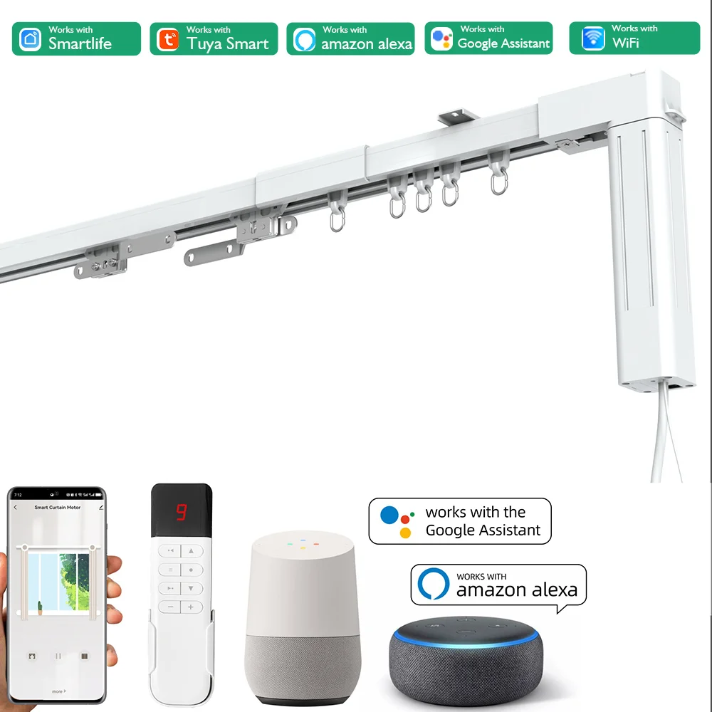 Tuya Wifi 스마트 커튼 드라이버, 리모컨 및 전동 레일 트랙 Alexa를 갖춘 자동 DIY 스마트 커튼 키트 시스템