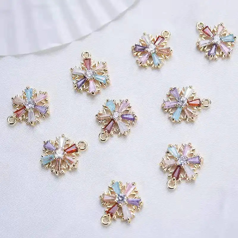 Real gold plating 10Pcs Pendant Inlaid Zircon Christmas Snowflake Bracelet Necklace Accessories Exquisite Elegant Multi Color