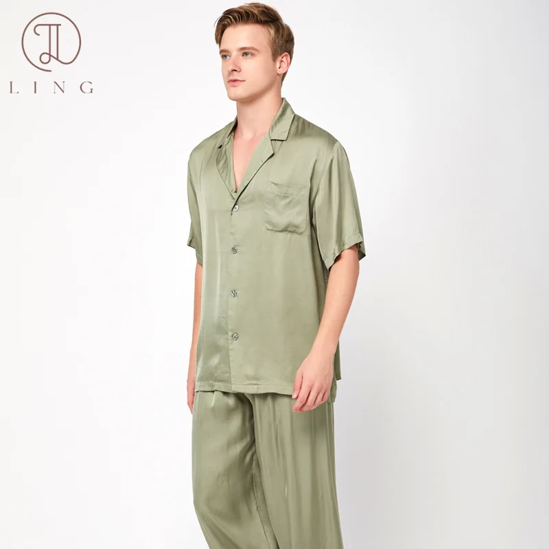 Ling Mens Pajama Sets Half Sleeve Ginger Orange Silk Satin Men's Sleep Lounge Sleepwear Elegant Two Piece Sets 100% Viscose