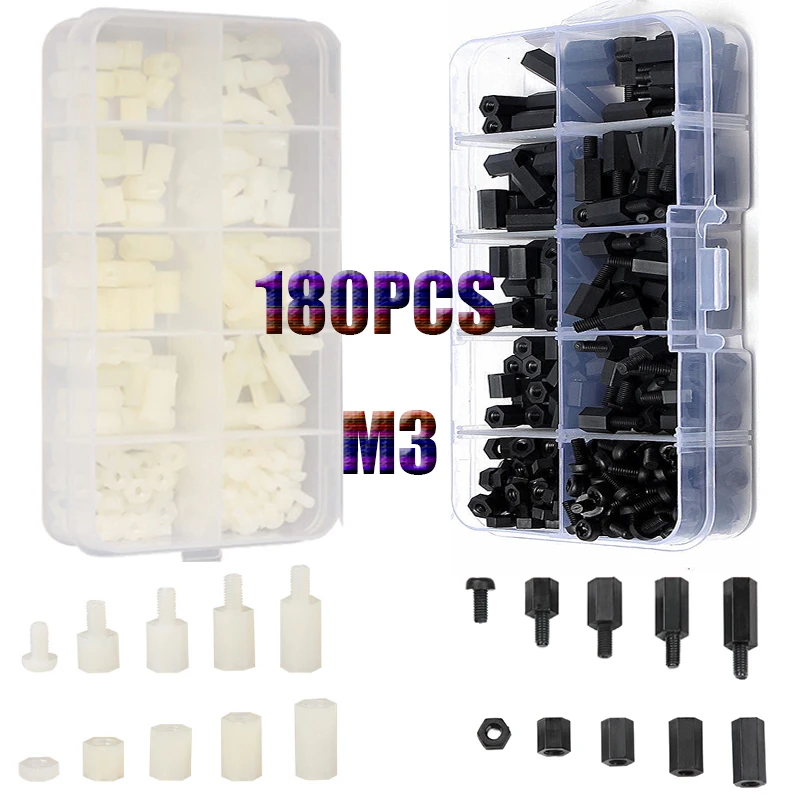 

180pcs M3 Black White Plastic Spacing Phillips Screws Nylon Insulated Hex Standoff Hexagon Pillar Spacer Column Screw Nut Set