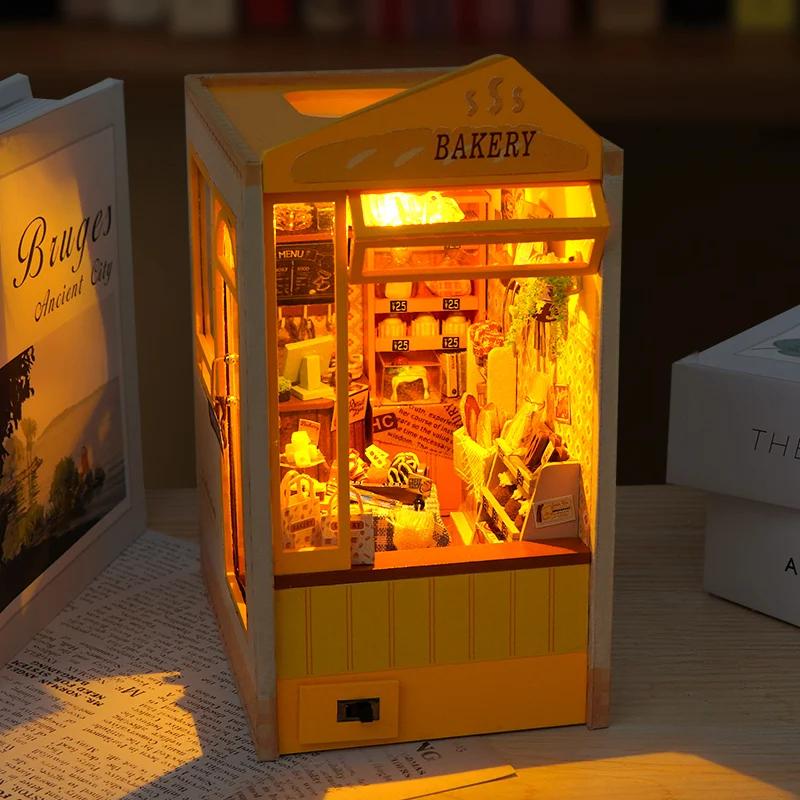 DIY Book Nook Shelf Kits Bakery Shop Casa Wooden Miniature Model Kit Handmade Casa Bookend With Light Bookshelf Friends Gifts 2