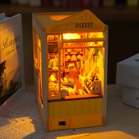 DIY Book Nook Shelf Kits Bakery Shop Casa Wooden Miniature Model Kit Handmade Casa Bookend With Light Bookshelf Friends Gifts 2