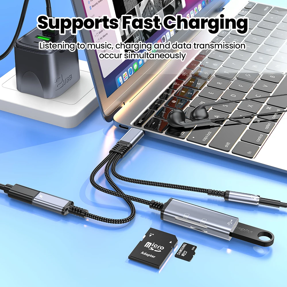 5-in-1 타입 C 어댑터 타입 C to USB C 충전/3.5mm/SD TF USB2.0 카드 리더 어댑터 케이블 아이폰 15 16 삼성용 고속