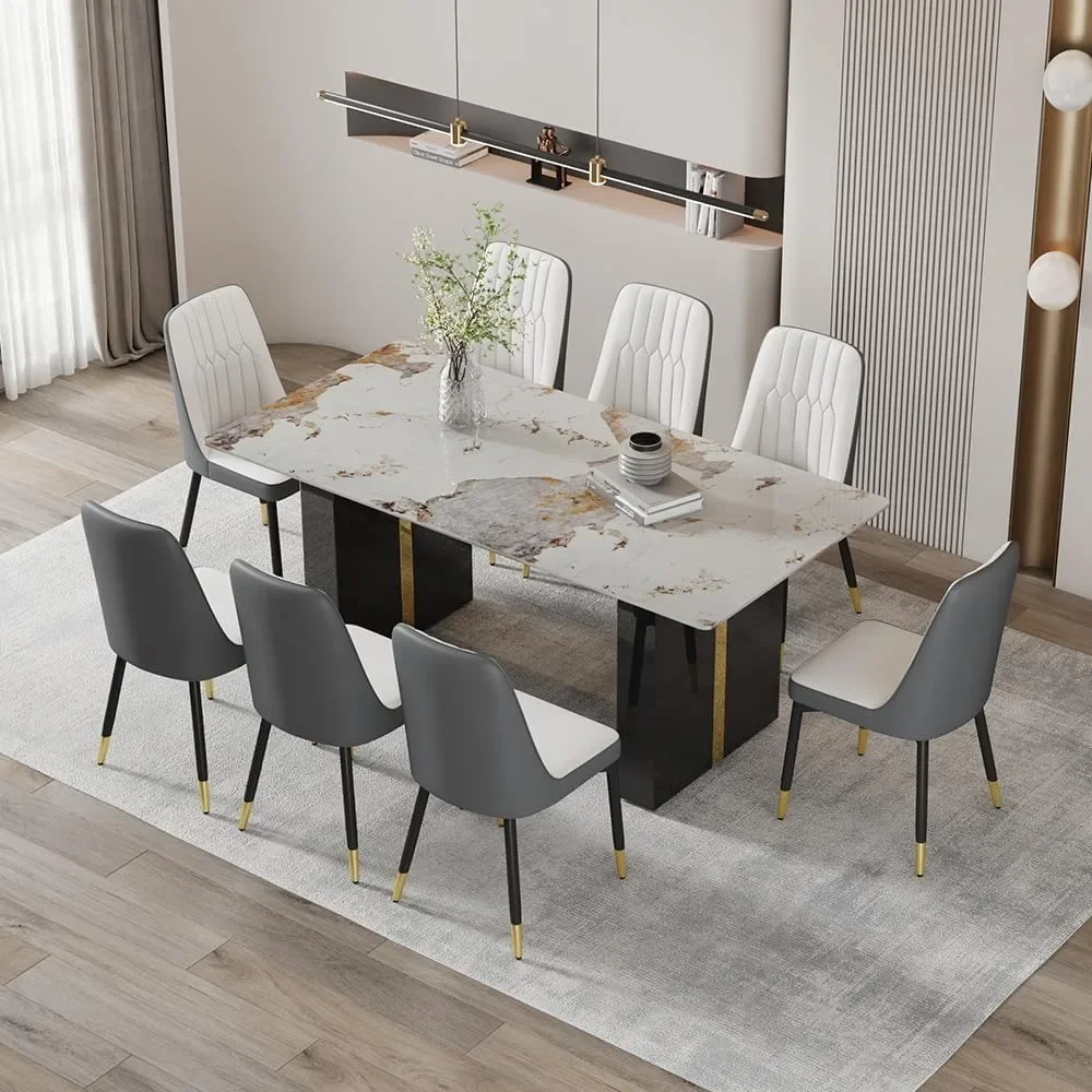 71'' Kitchen Table Set for 8，8 Chairs Dining Table Set, Dining Faux Marble Set for 8 with PU Leather Chairs
