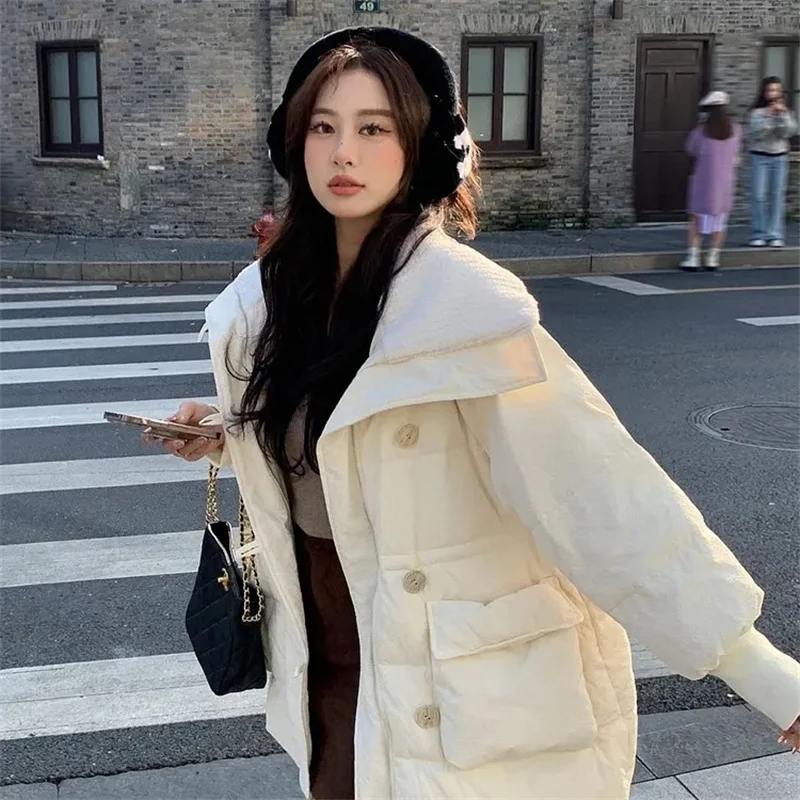 2023 New Winter Korean Version of Explosive Large Lapel Medium Long Women's Thick and Fluffy White Duck Down Jacket Solid Color