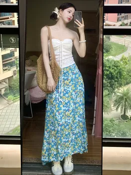 Summer Beach Vacation Floral Print Halter Top And Skirt Set Women's Fashion plus Size Two-Piece Suit Korean Style High Waist ...
