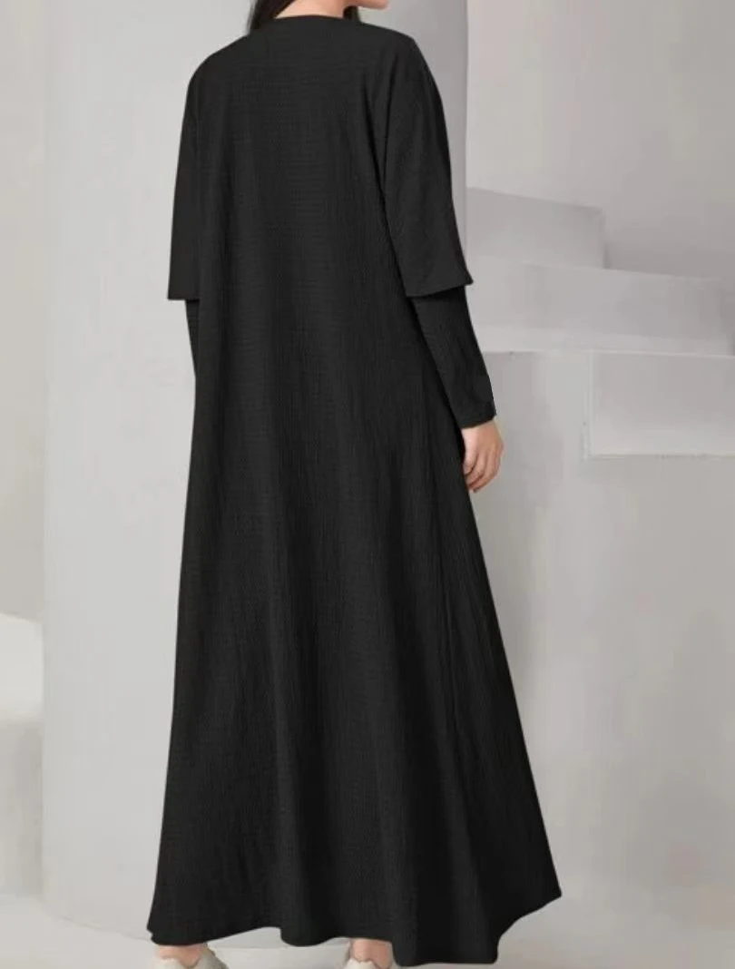 Ramadan Middle East Muslim kebaya Two-piece Set, Half Sleeve Open Front Cardigan & Long Sleeve Crew Neck Trumpet Dress Outfits