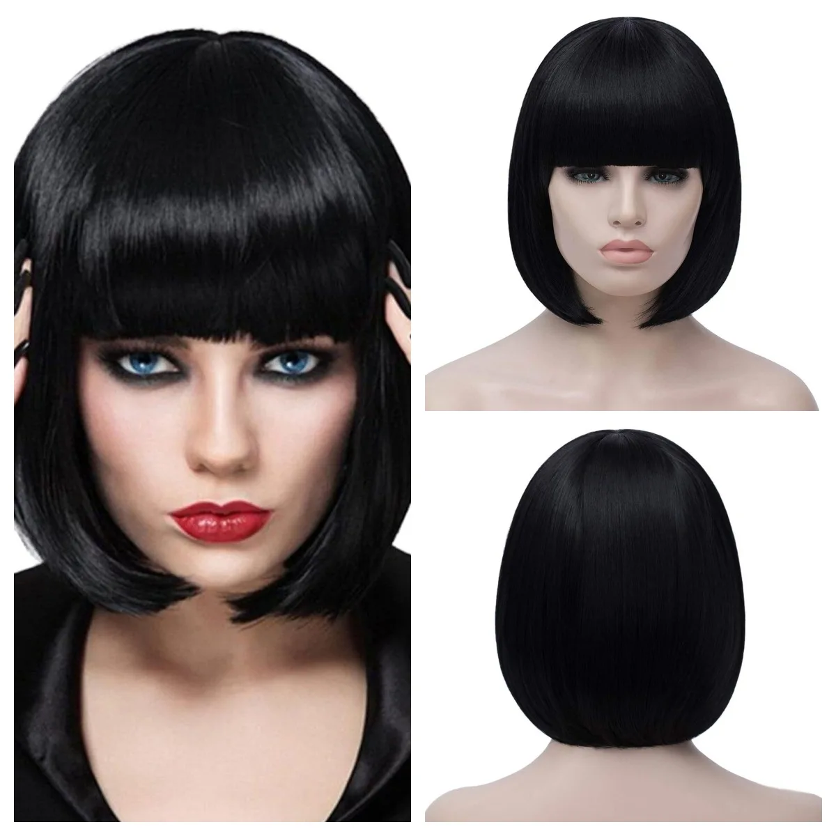 Short Black Bob Wig with Bangs for Women, 12 '', Natural, Synthetic, Cute, Colored, Daily Party, Fashion