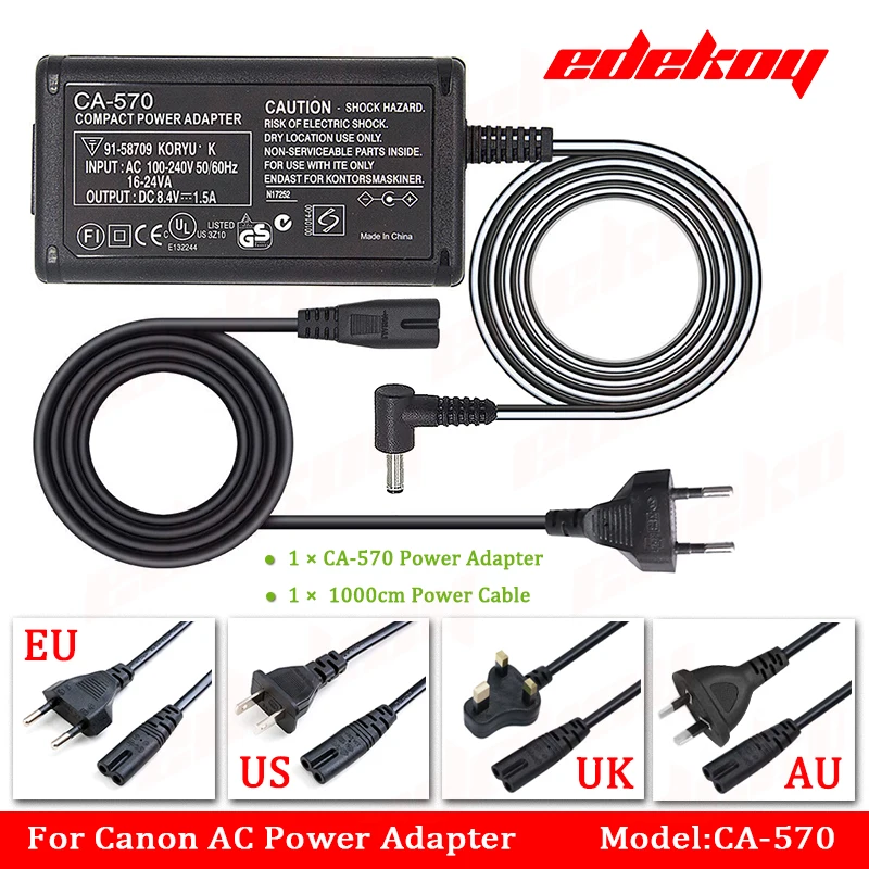 AC Adapter Charger For Canon ZR100 ZR200 ZR300 ZR500 Camcorder - Power Supply 8468A002AA Replacement