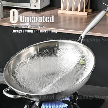 32/34cm Titanium Stainless Steel Frying Pan Non-stick Wok Home Egg Steak Skillet Induction Gas Stove Cooking Kitchen Cookware 1