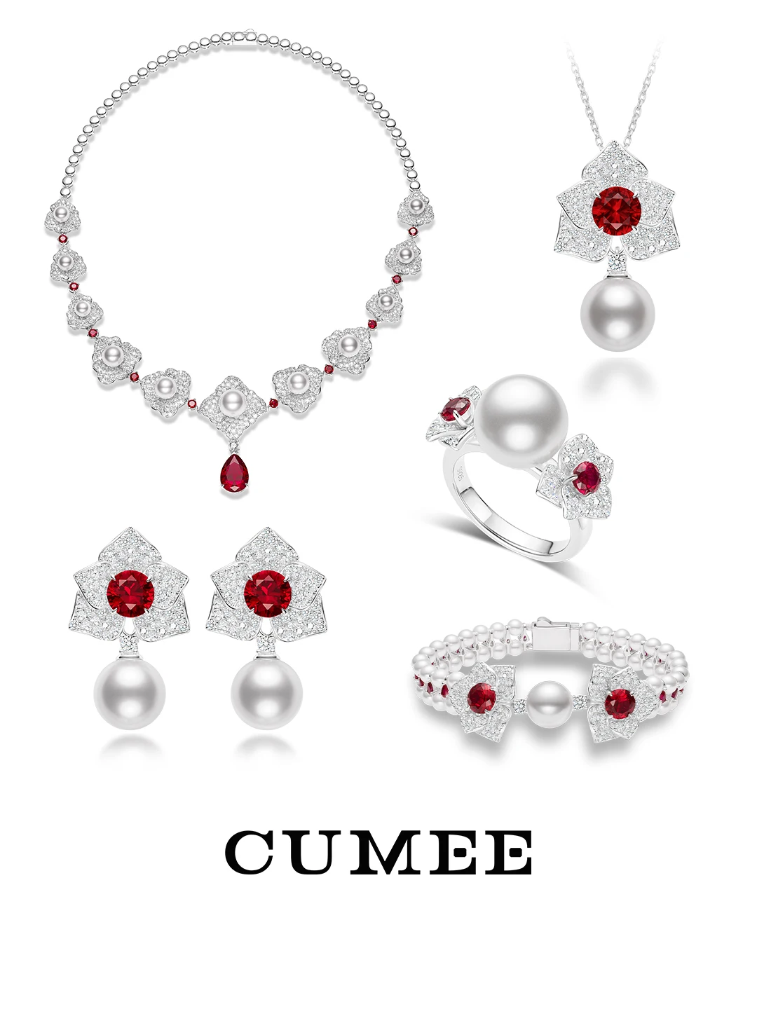 Cumee Ethnic Flower Ruby Jewelry Set Artifical White Pearls Cultivation Synthetic Ruby Pendants Necklace 925 Silver Plated Gold