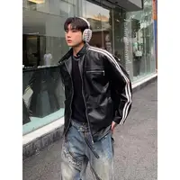 Retro High Street Striped PU Leather Jacket Korean Fashion New Zipper Jackets for Men Harajuku Long Sleeve Coats Streetwear 1