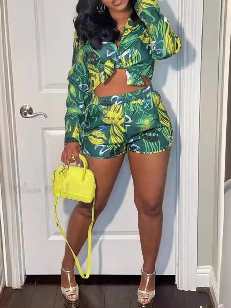 LW 턴다운 칼라 식물 립 프린트 반바지 세트, 여성용 티셔츠 반바지 세트 세트, 부드러운 여름 반바지 세트, 여성 의류