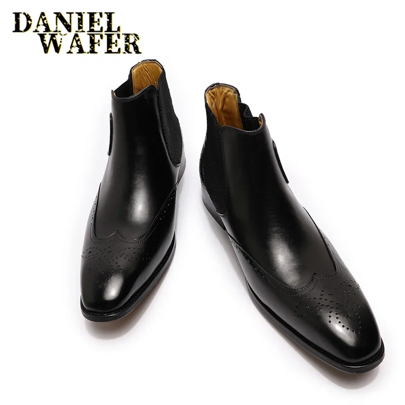 Genuine Leather Men's Chelsea Boots High Grade Slip On Buckle Strap Wingtip Brown Black Shoes Basic men chelsea boots