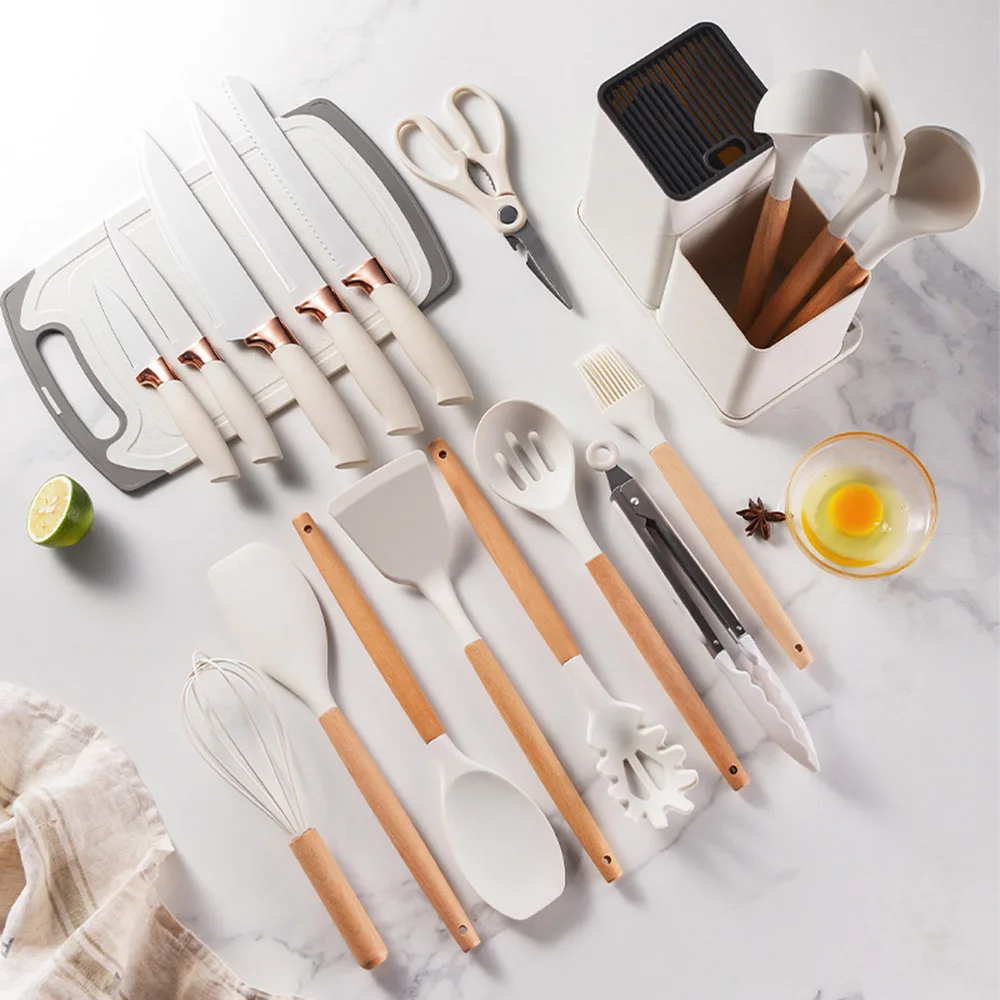 19Pcs White Silicone Kitchenware Set Pot Shovel Soup Spoon Knife Set High Temperature Resistant Non Stick Pot Cooking Kitchen - AliExpress