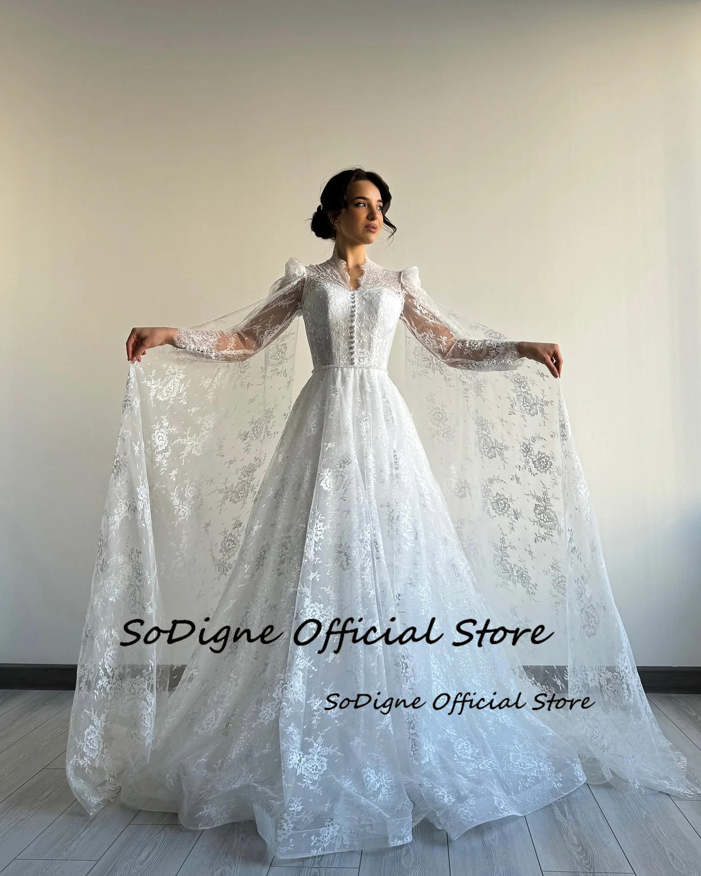 SoDigne A-line Elegant Wedding Dresses Full Sleeves V-Neck Lace Bridal Dress 2025 Long Wedding Gown Robe De Mairee Customized 12 S1610ee6e2ca0445f923302dc8c181d31y